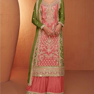 Shalwar Kameez- Elegant Pink and Green Embroidered Dress, Size Medium